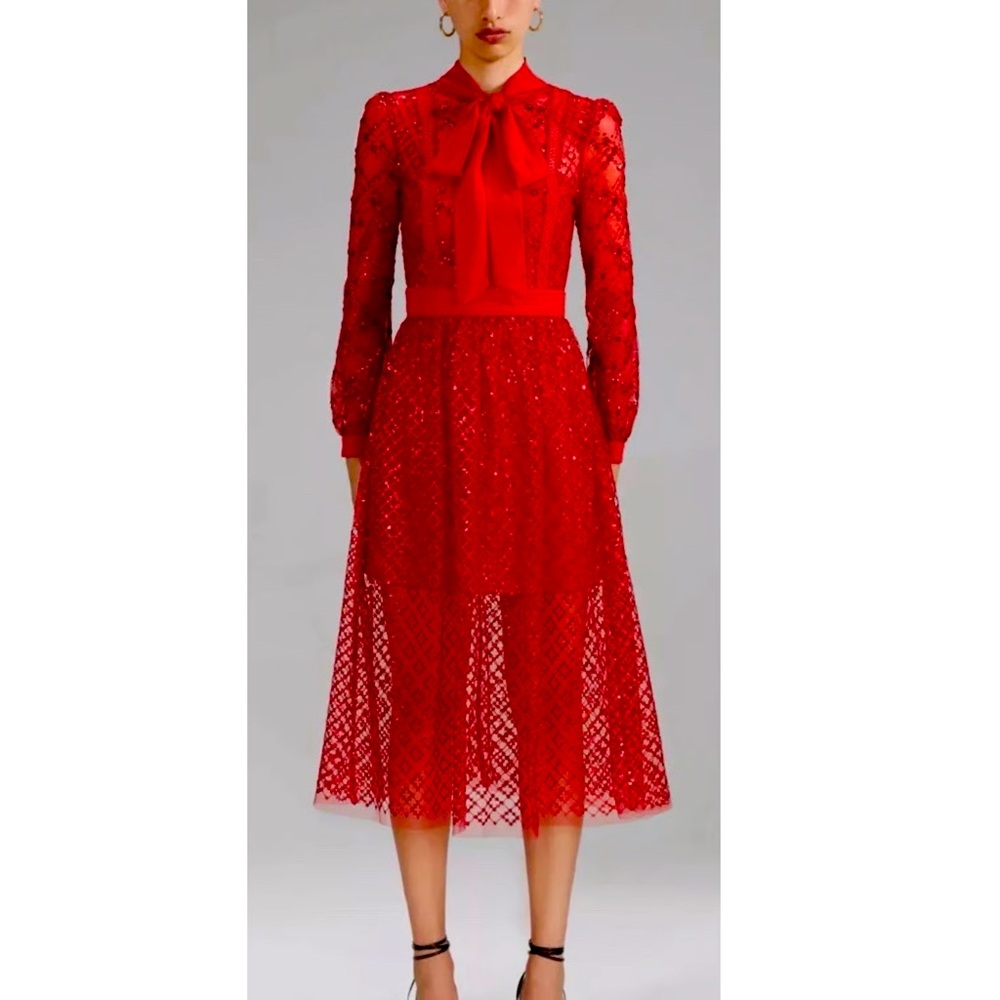 Self Portrait- Grid Sequin Midi Dress Red – Self-Portrait Women